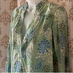 North Face Cotton Tunic Blouse Top v neck Womens S blue green geometric dots